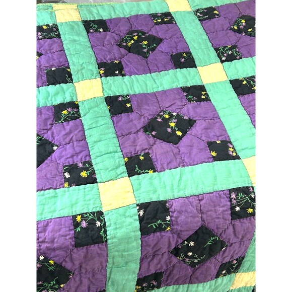 Antique Hand Stitched Square Patchwork Lattice Quilt Cream Backing 64W X 74L Rck - Picture 7 of 12